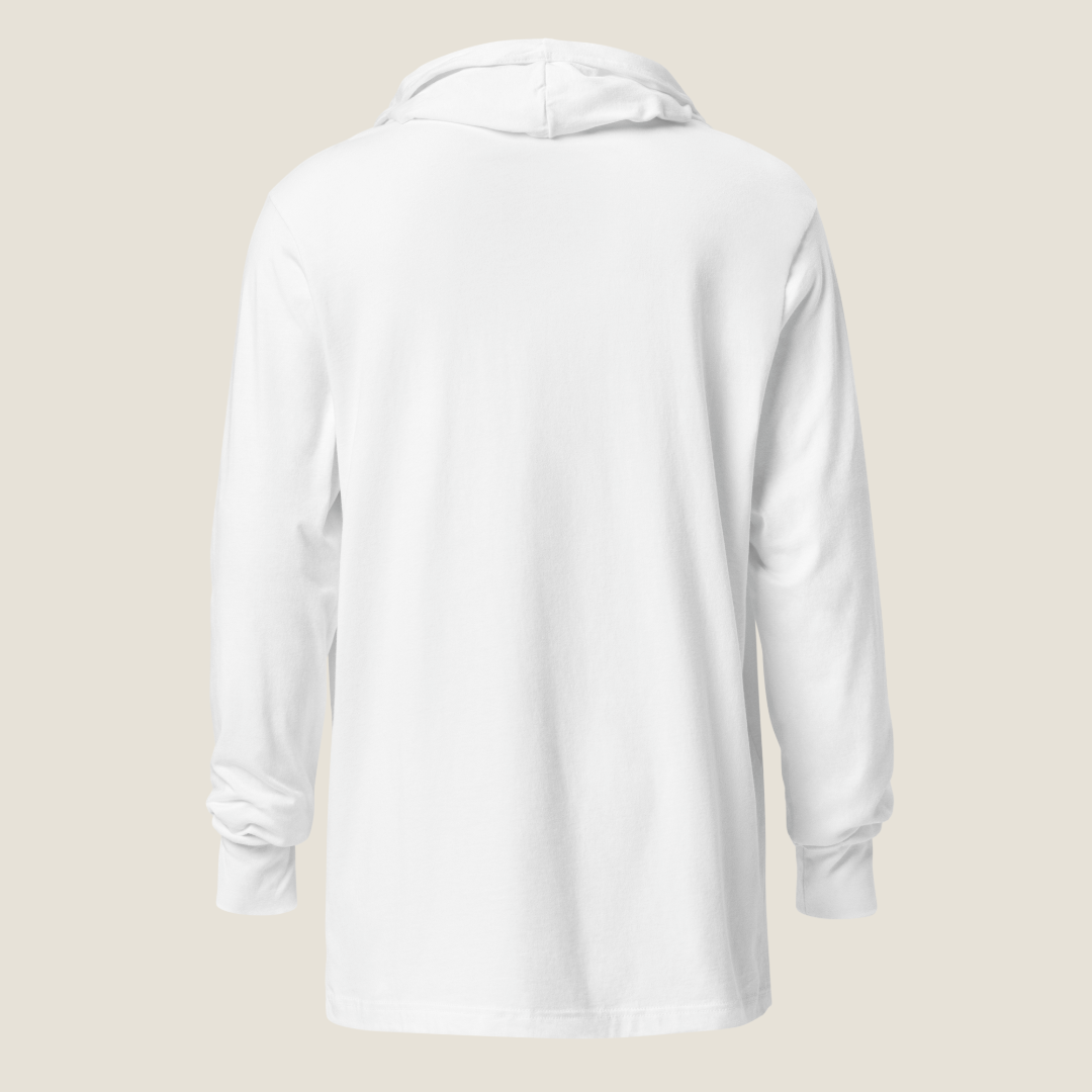 A white hooded long-sleeve shirt shown from the back, photographed against a solid light beige background.
