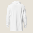 A white hooded long-sleeve shirt shown from the back, photographed against a solid light beige background.