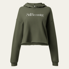 Olive green hoodie with a graphic design on a white background