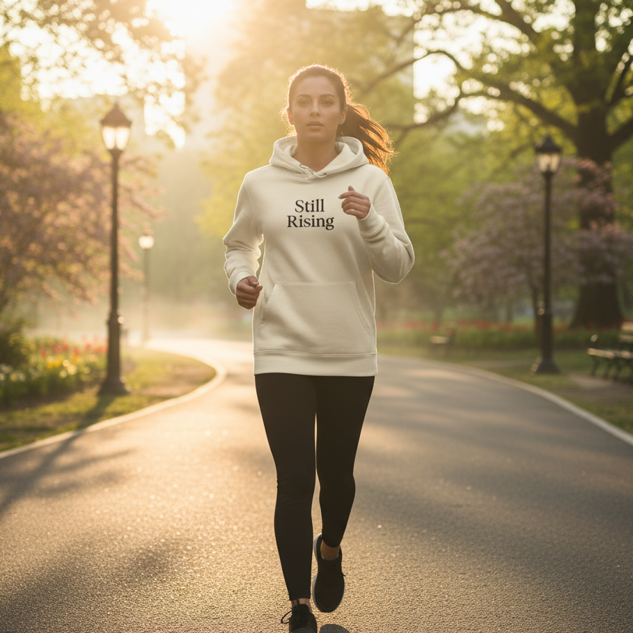 Person running in a park wearing a 'Still Rising' hoodie
