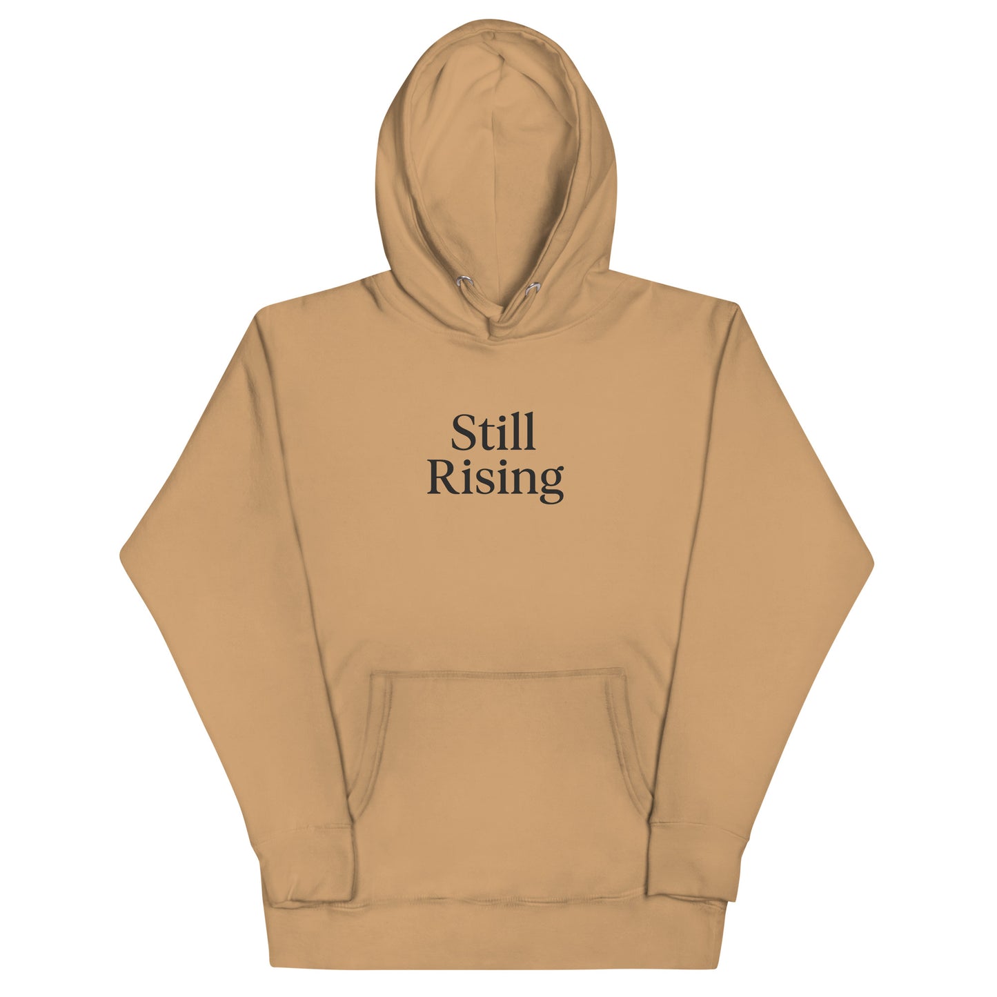 Tan hoodie with 'Still Rising' text on a white background