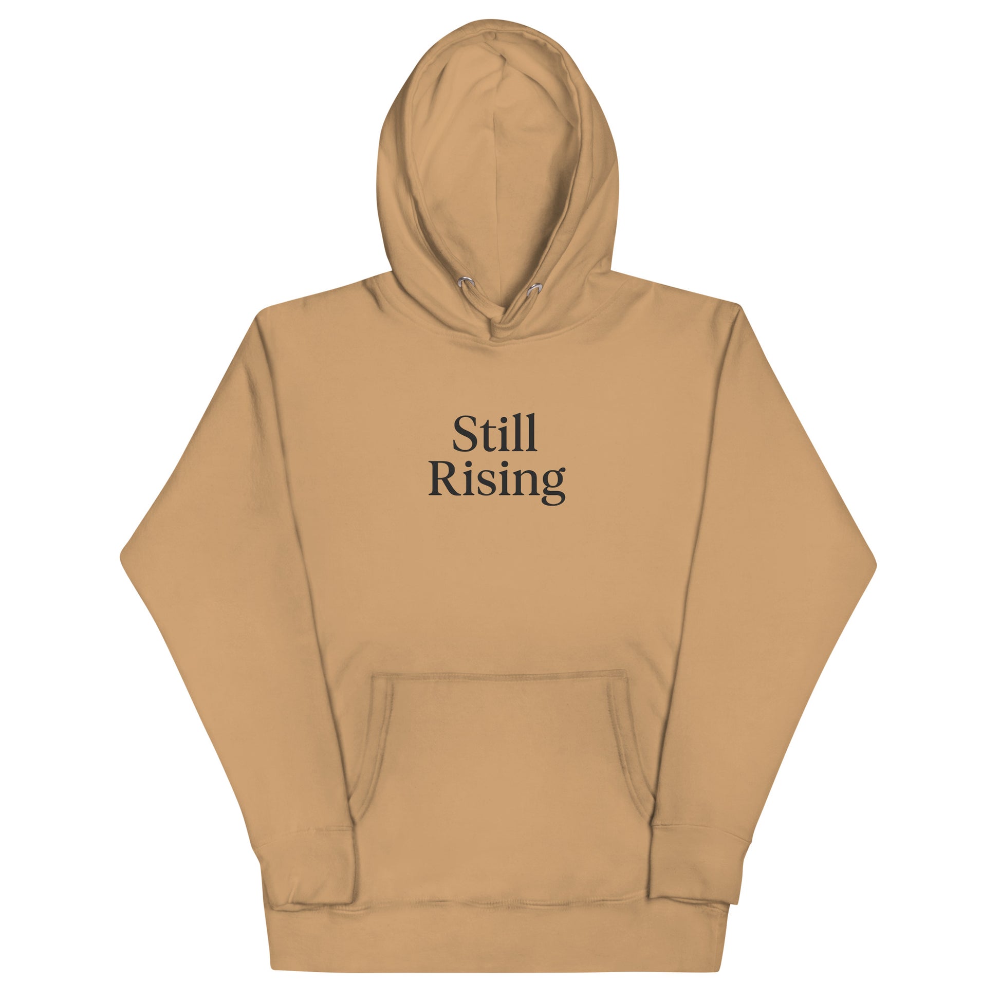 Tan hoodie with 'Still Rising' text on a white background