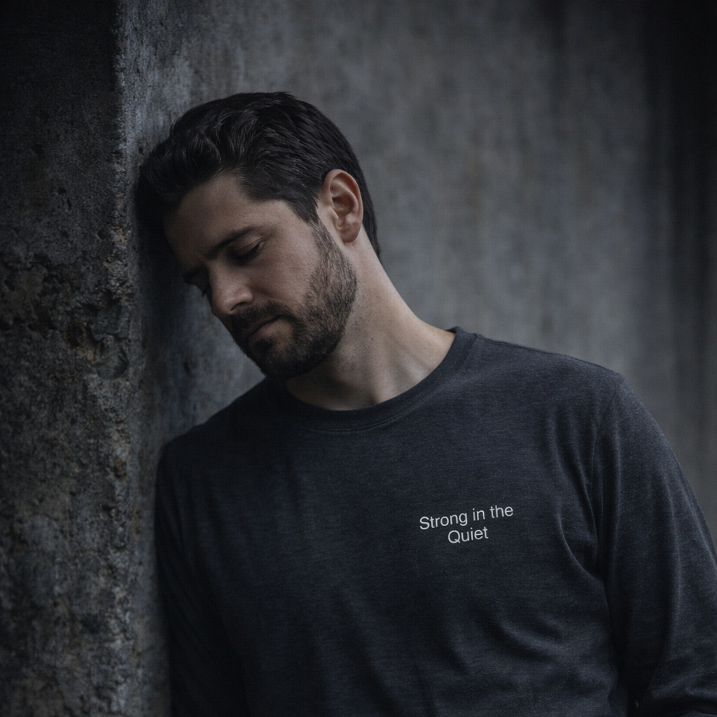 Man wearing a black t-shirt with 'Strong in the Quiet' text, leaning against a textured wall.