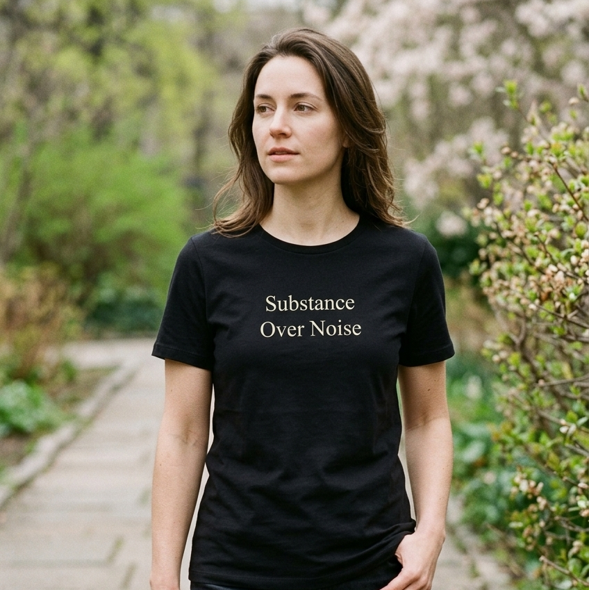 Woman wearing a black t-shirt with 'Substance Over Noise' text in a garden setting