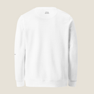 A plain white crewneck sweatshirt shown from the back, featuring a small black text print inside the collar that reads 'HOUSE OF AUTUMN MONSOON' and small black text on the left sleeve, set against a solid light beige background.