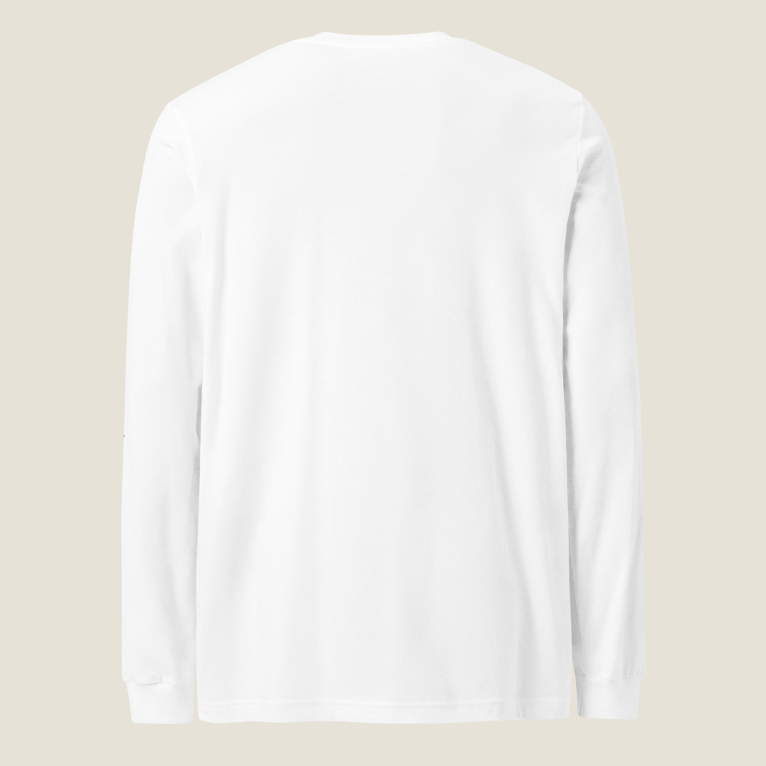 Back of white long sleeve t-shirt.