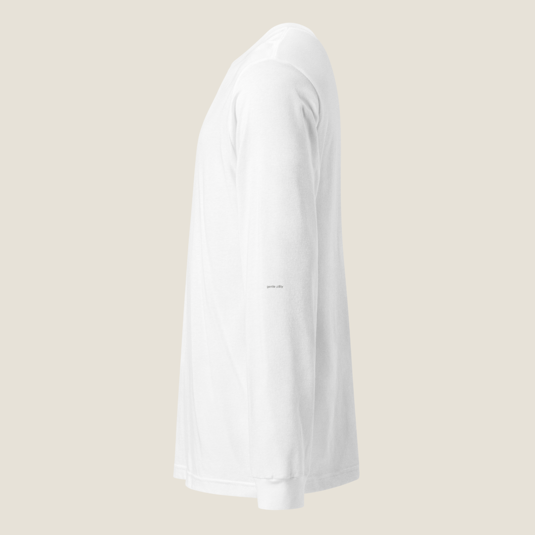 Side View of White tee with text on the left sleeve.
