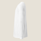 Side View of White tee with text on the left sleeve.