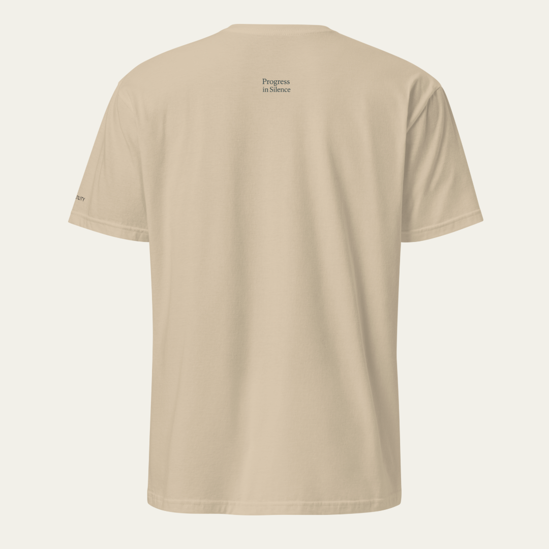 Back of  khaki tee. "Progress in Silence" is printed on the upper back of the tee.