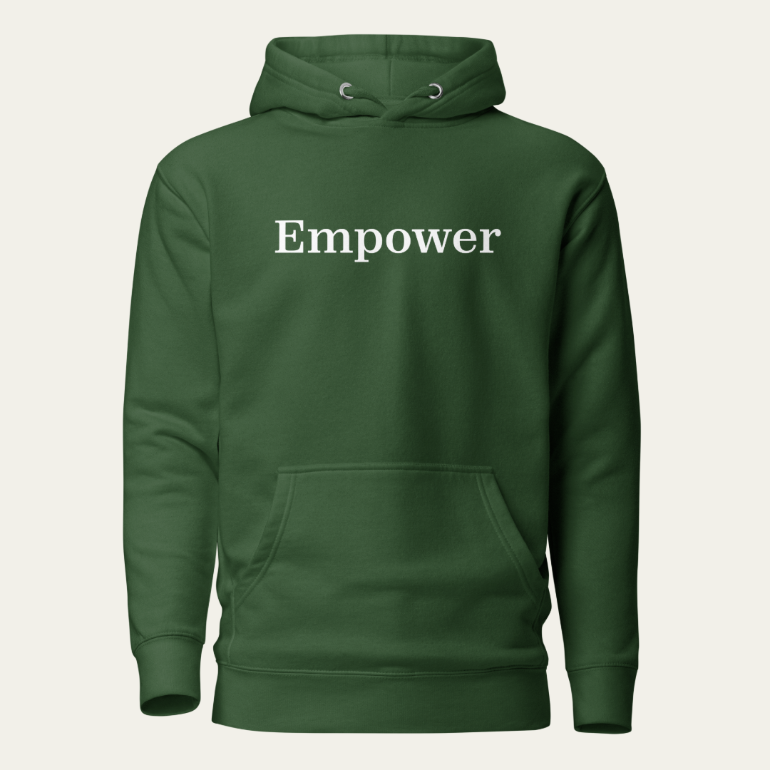 Green hoodie with "Empower" on the chest