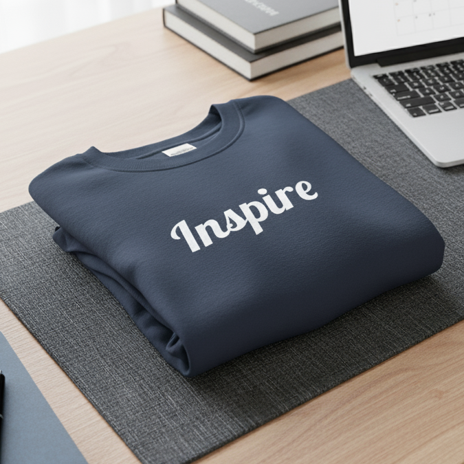Navy blue sweatshirt with 'Inspire' text on a desk with laptop, coffee, and books.