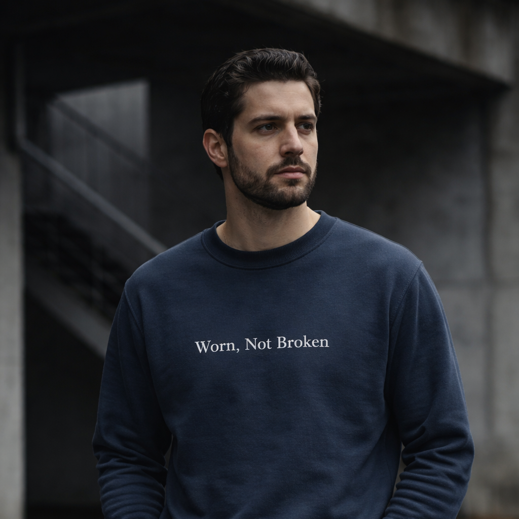 Man wearing a navy blue sweatshirt with 'Worn, Not Broken' text in an urban setting.