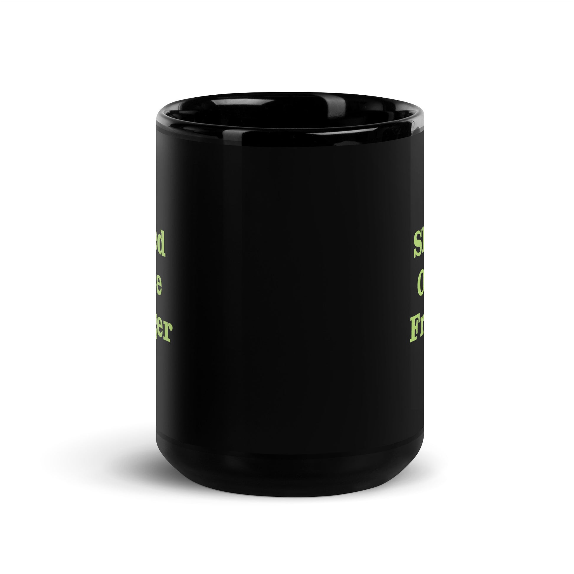Black mug with text on a white background