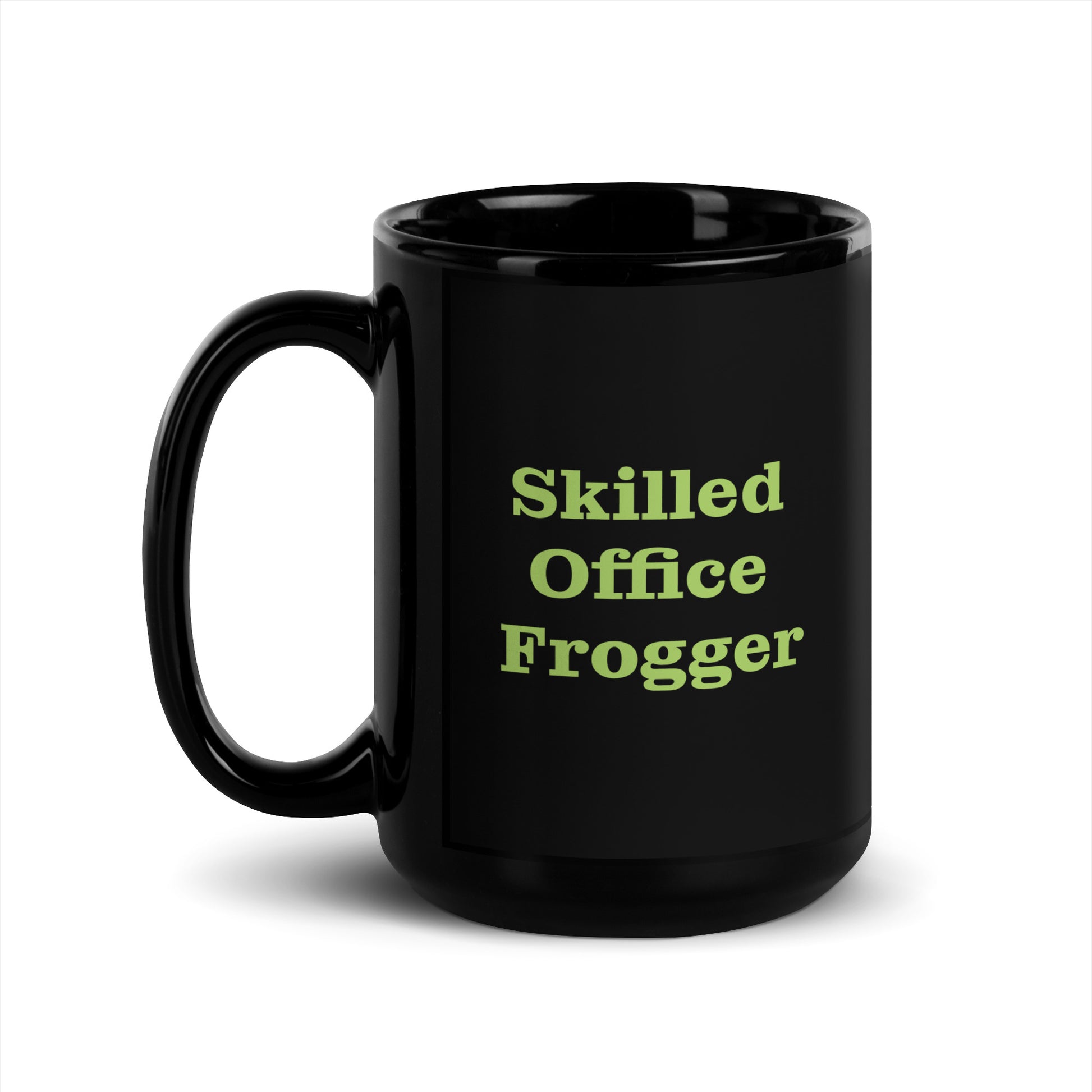 Black mug with 'Skilled Office Frogger' text in green on a white background