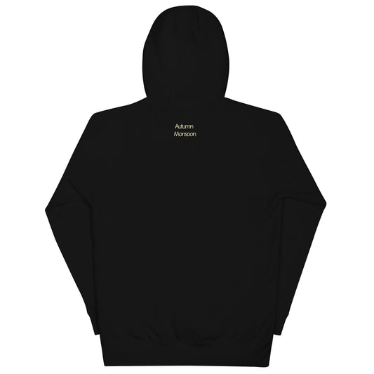 Black hoodie with 'Autumn Monsoon' text on the back against a white background
