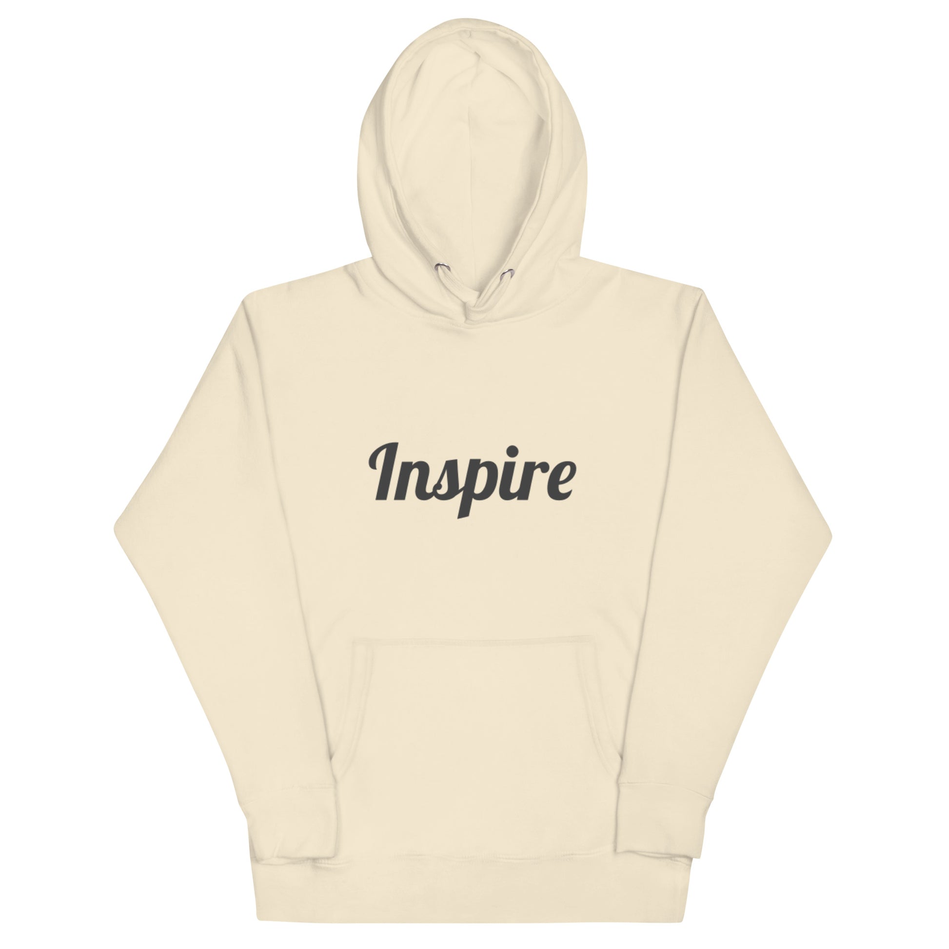 Beige hoodie with 'Inspire' text on a white background