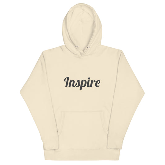 Beige hoodie with 'Inspire' text on a white background