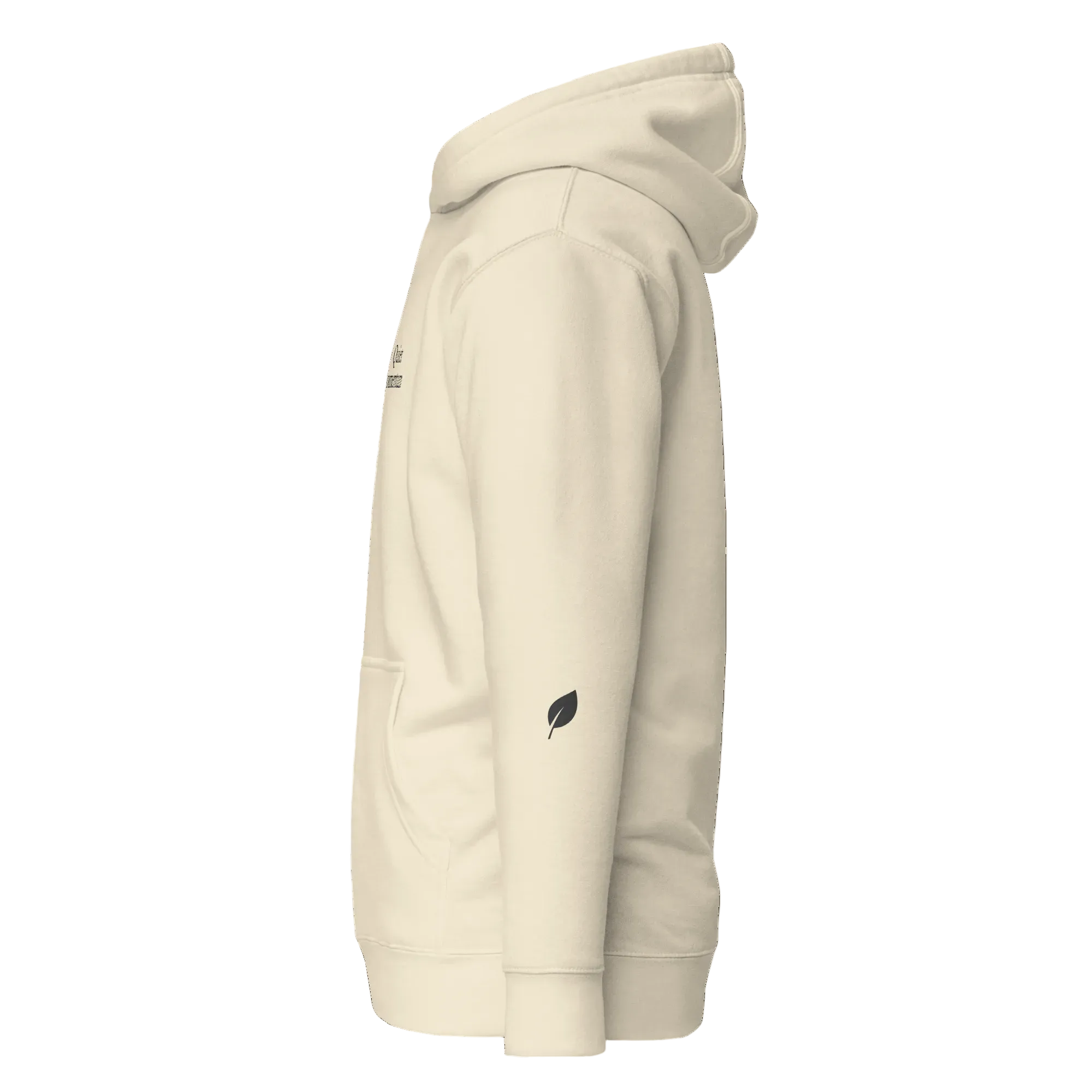 Beige hoodie with a small logo on the chest against a white background