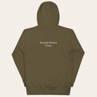 Brown hoodie with 'Strength Without Armor' text on the back against a white background