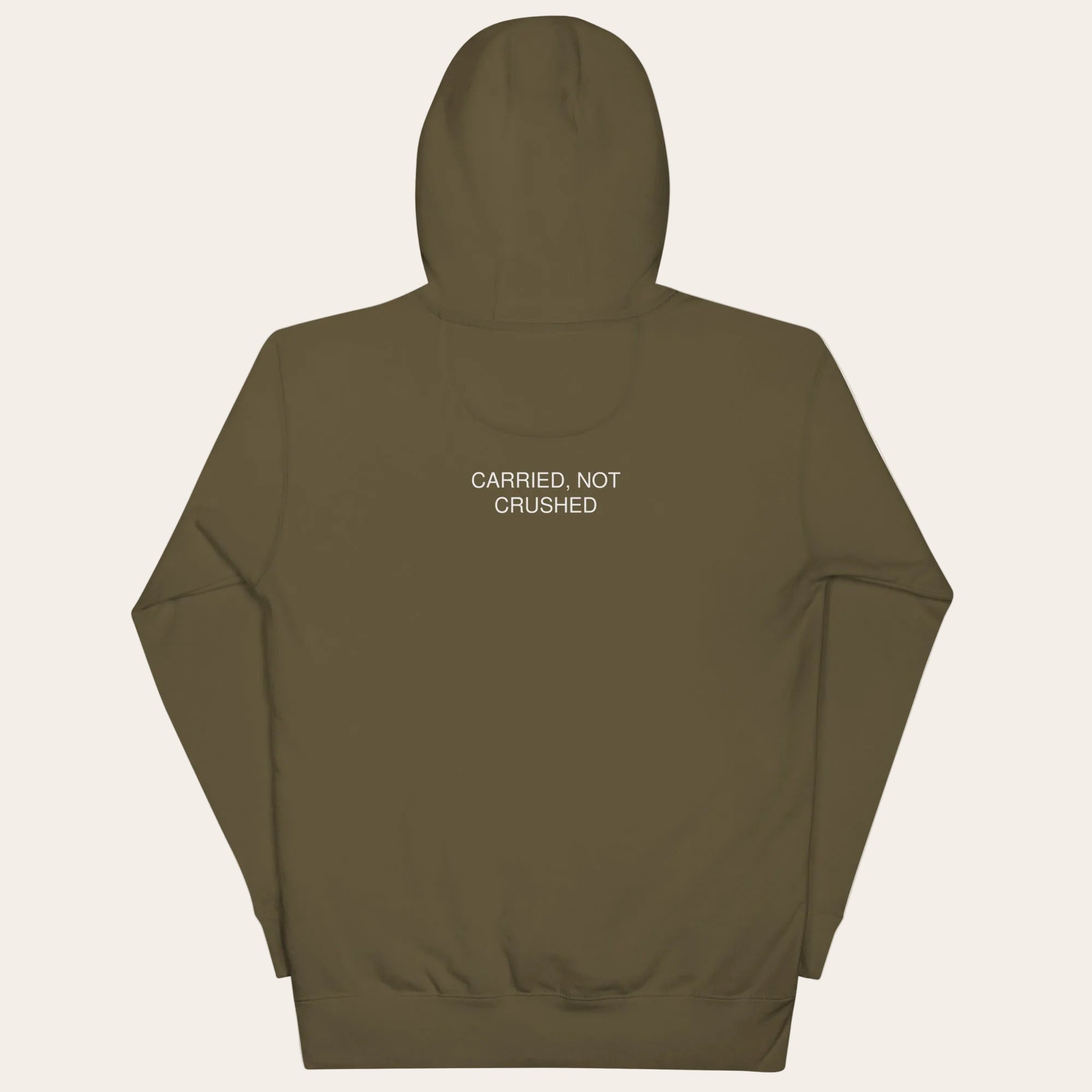 Brown hoodie with text 'CARRIED, NOT CRUSHED' on the back against a white background