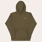 Olive green hoodie with a small white logo on a white background