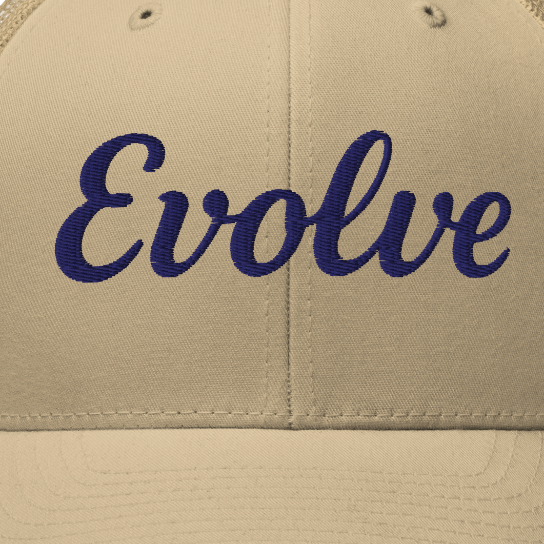Beige cap with 'Evolve' text on a white background