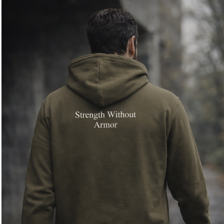 Person wearing a green hoodie with 'Strength Without Armor' text in a forest setting