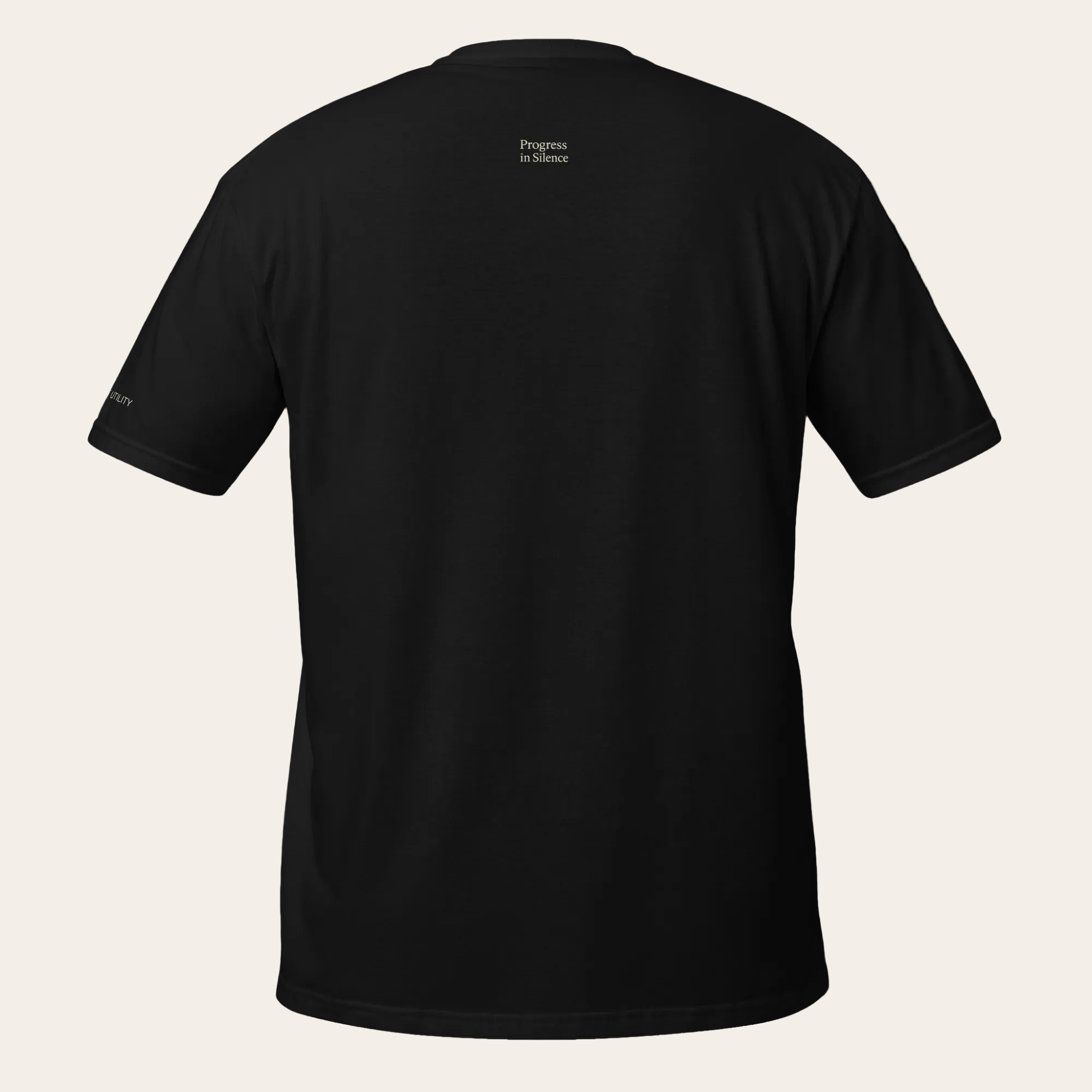Black t-shirt with text on the back against a white background
