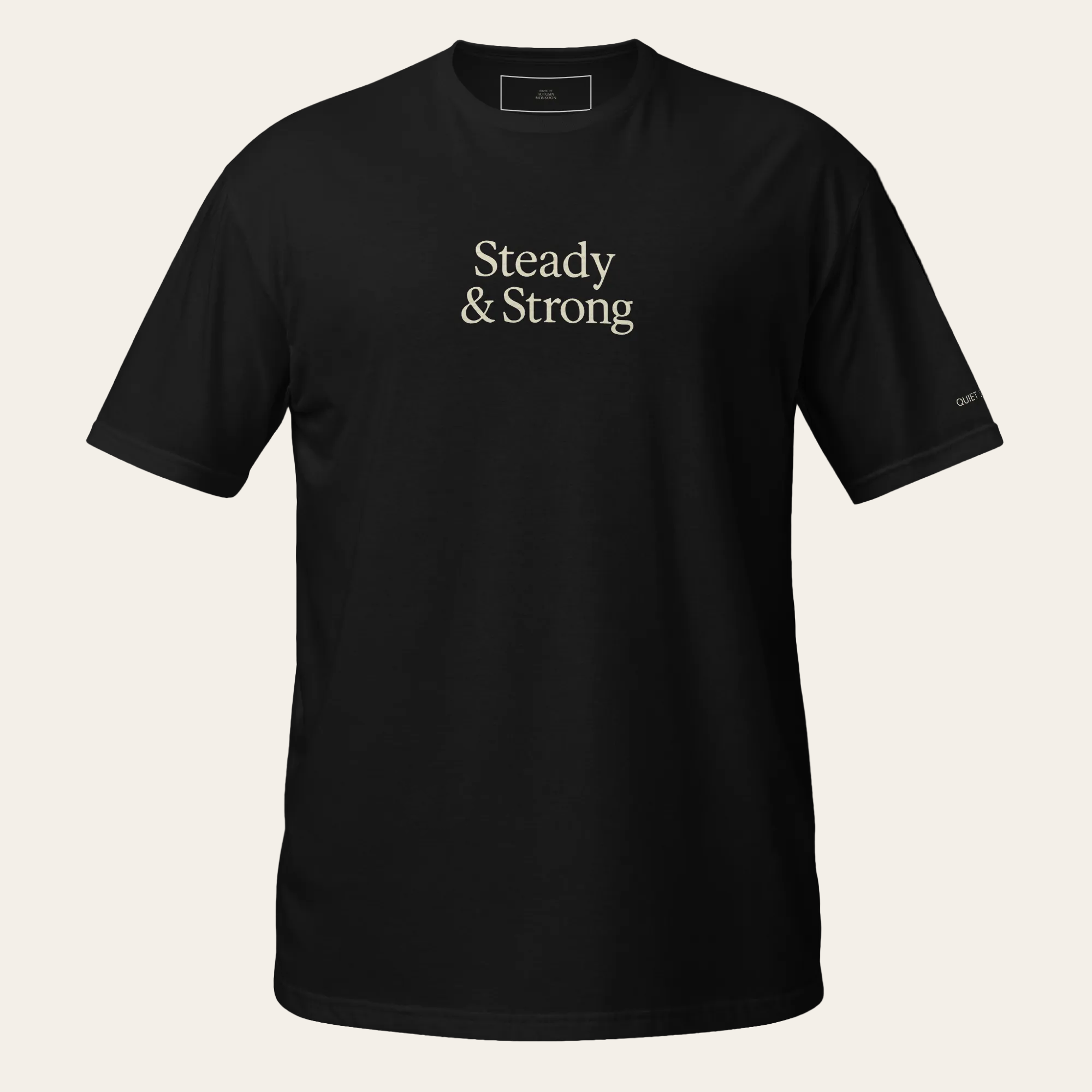 Black t-shirt with 'Steady & Strong' text on a white background