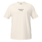 Beige t-shirt with 'Intentional Living' text on a white background