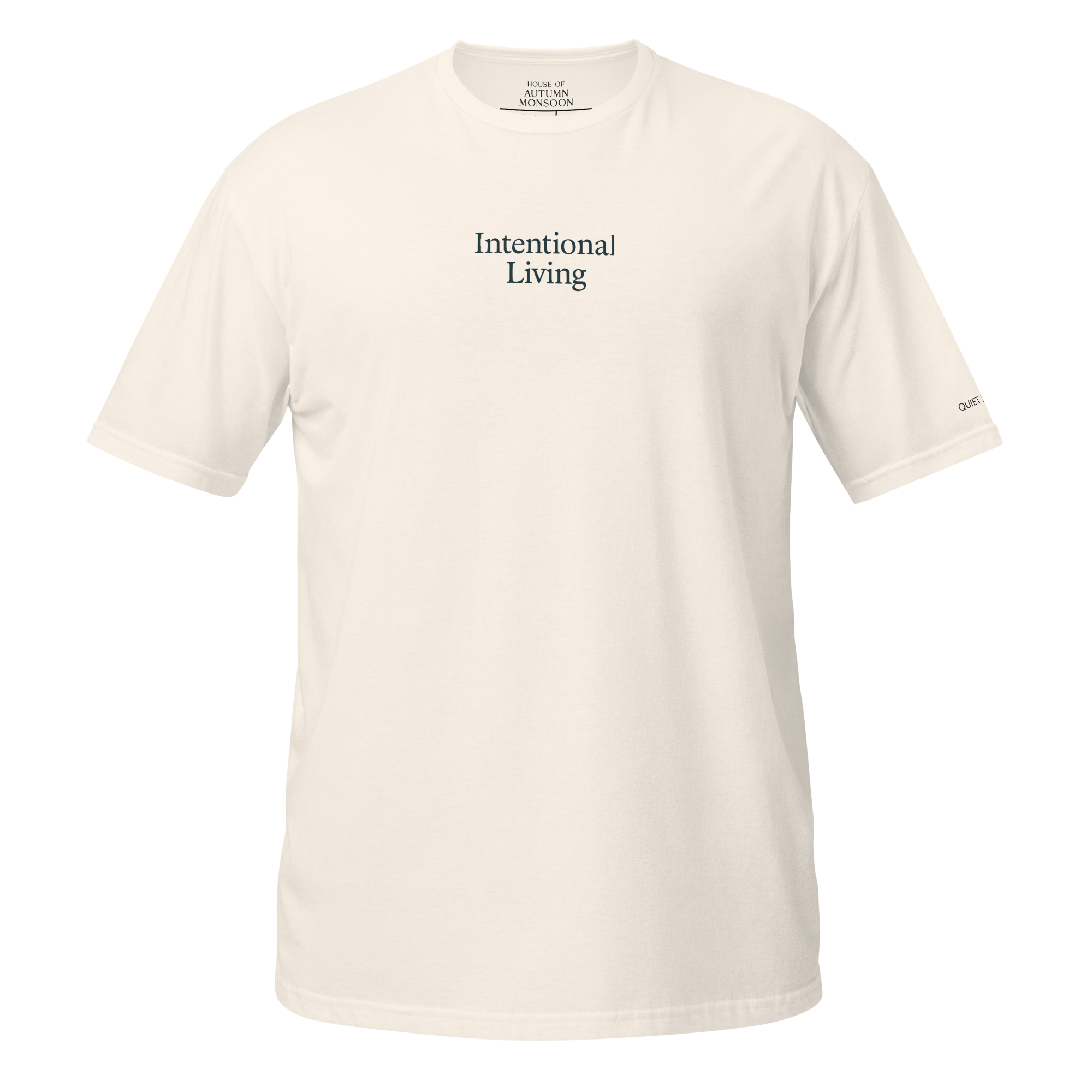 Beige t-shirt with 'Intentional Living' text on a white background