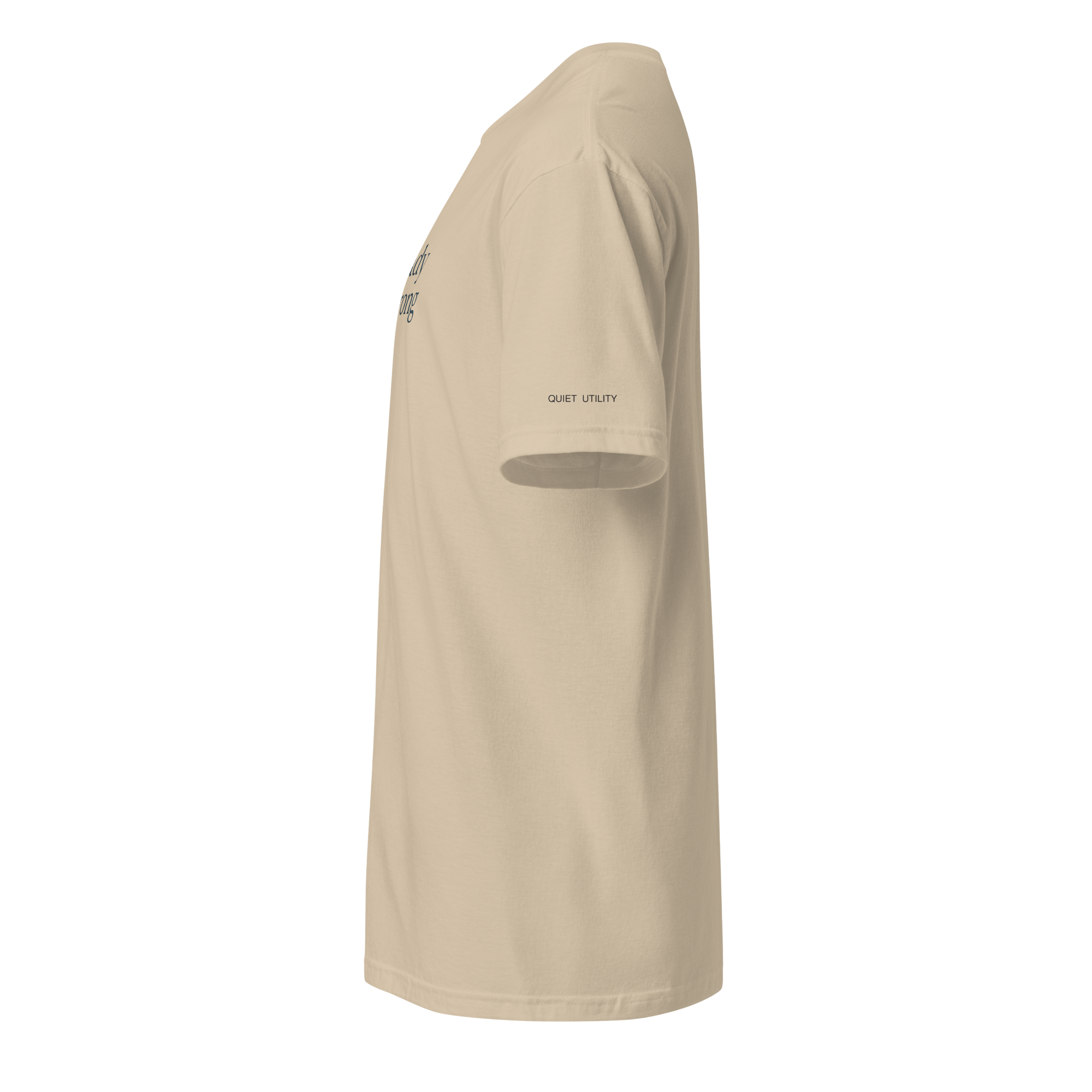 Beige t-shirt with a logo on the sleeve against a white background