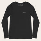 Black long-sleeve shirt with text on a white background