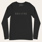 Black long-sleeve shirt with 'BREATHE' text on a white background
