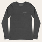 Dark gray long-sleeve shirt with a small white text logo on a white background