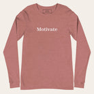 Red long-sleeve shirt with 'Motivate' text on a white background