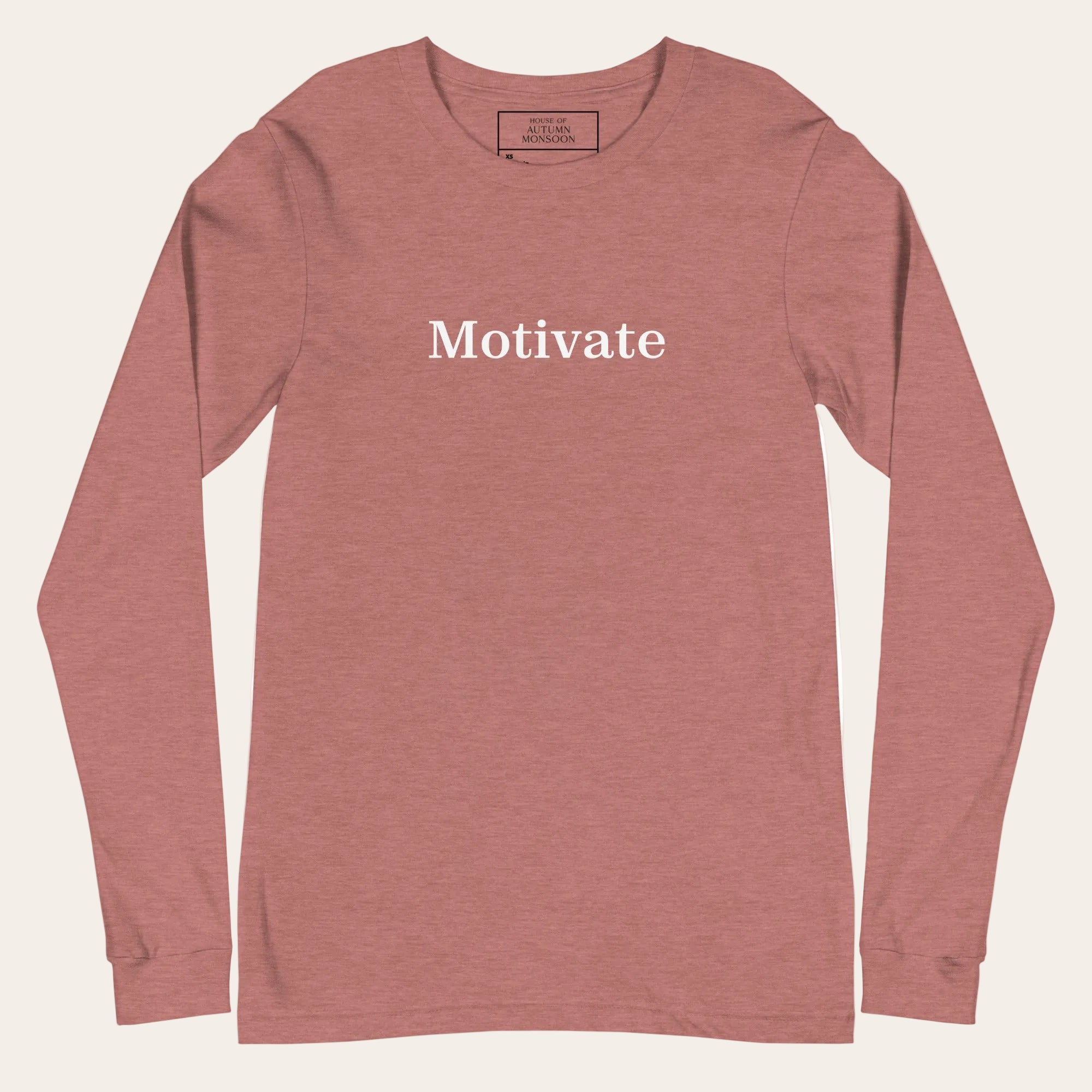 Red long-sleeve shirt with 'Motivate' text on a white background