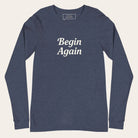 Navy long-sleeve shirt with 'Begin Again' text on a white background