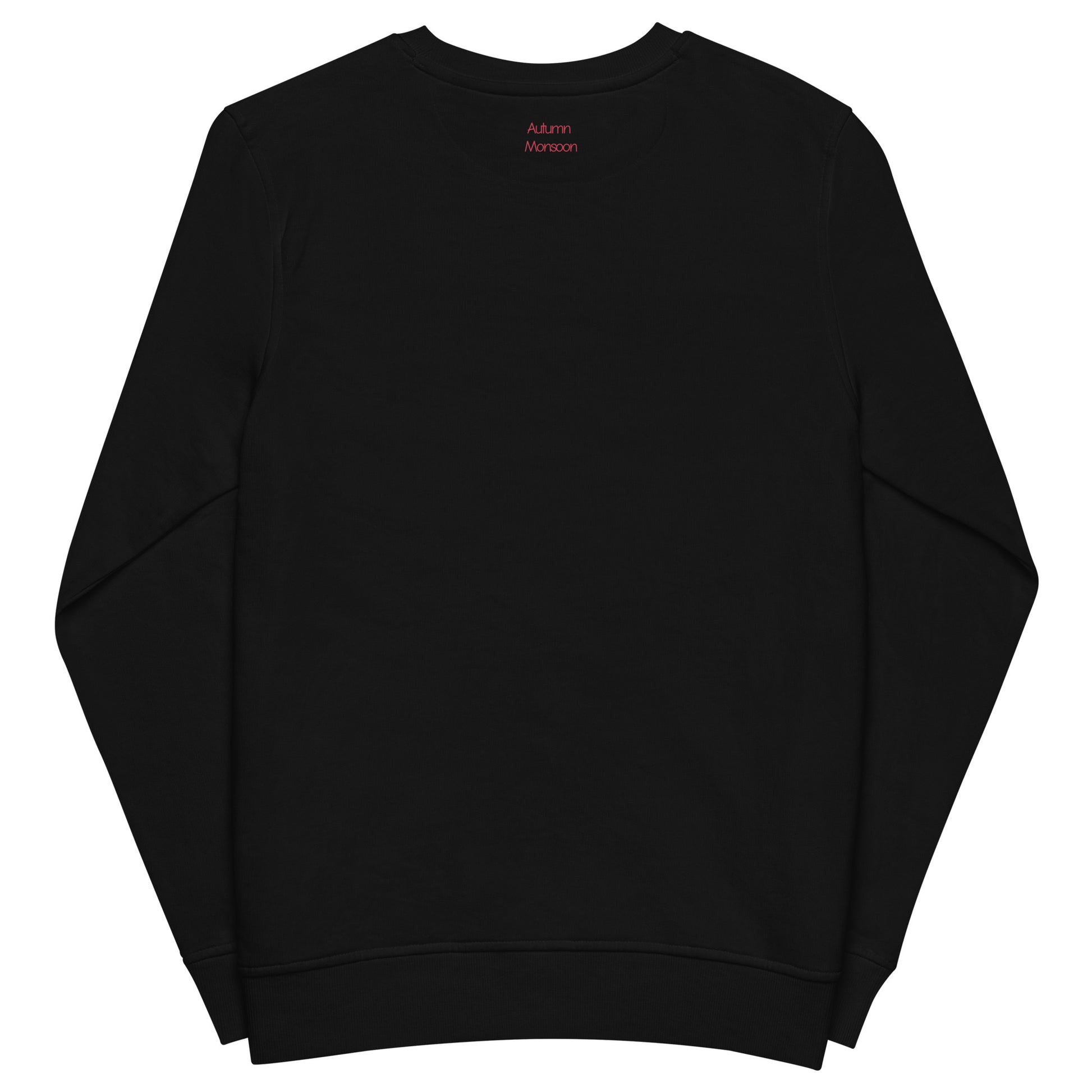 Black sweatshirt with a brand logo on the chest against a white background