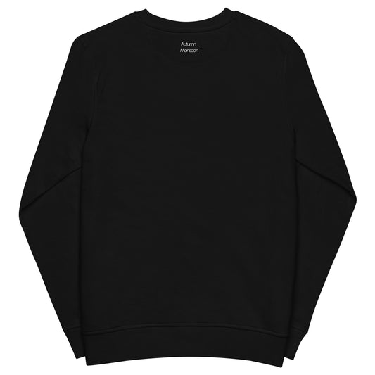 Black sweatshirt with white text on a white background