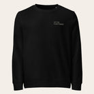 Black sweatshirt with a small logo on the chest against a white background