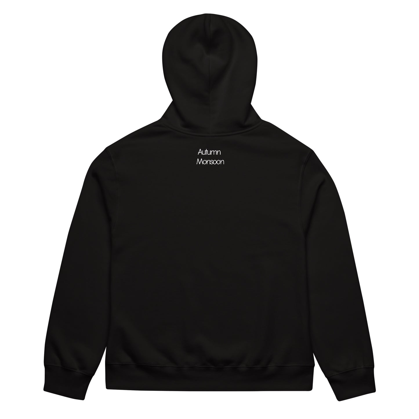 Black hoodie with 'Autumn Monsoon' text on the back against a white background