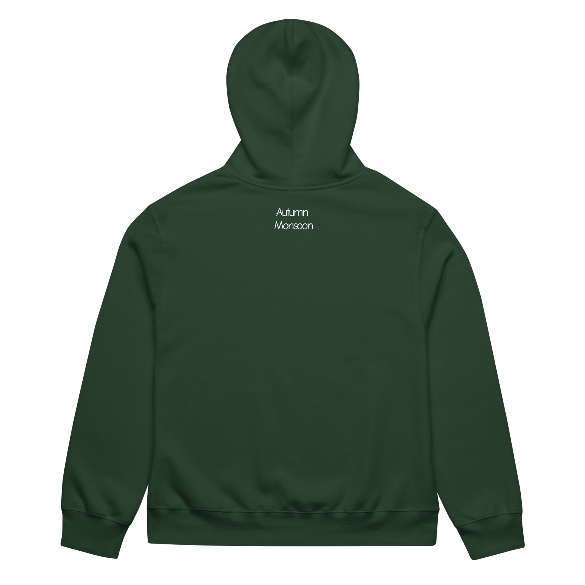 Green hoodie with 'Autumn Monsoon' text on the back against a white background