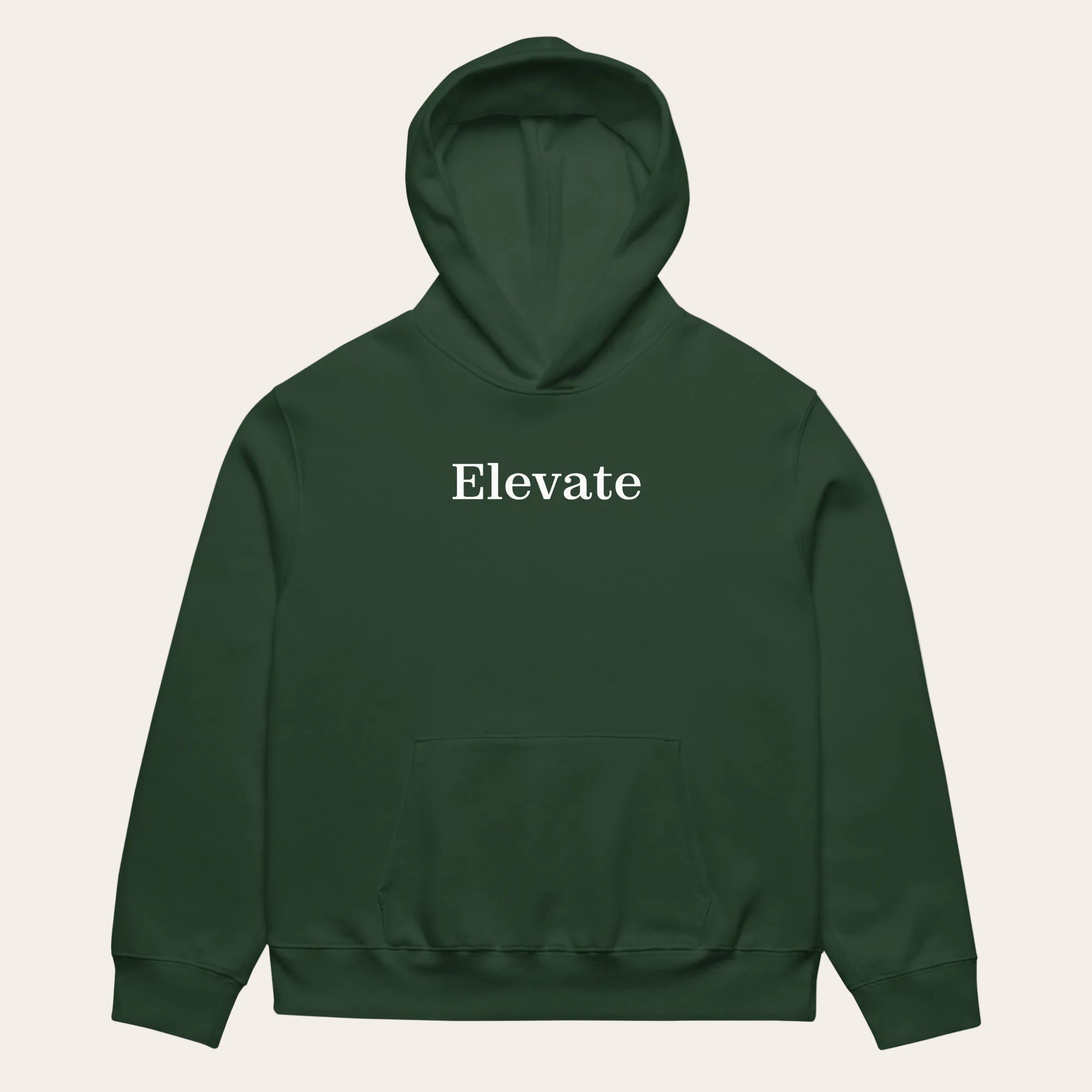 Green hoodie with 'Elevate' text on a white background