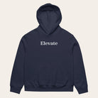 Navy hoodie with 'Elevate' text on a white background