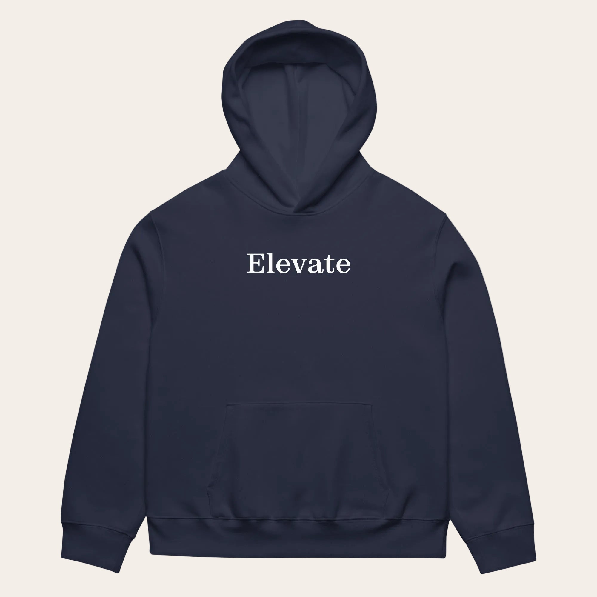 Navy hoodie with 'Elevate' text on a white background