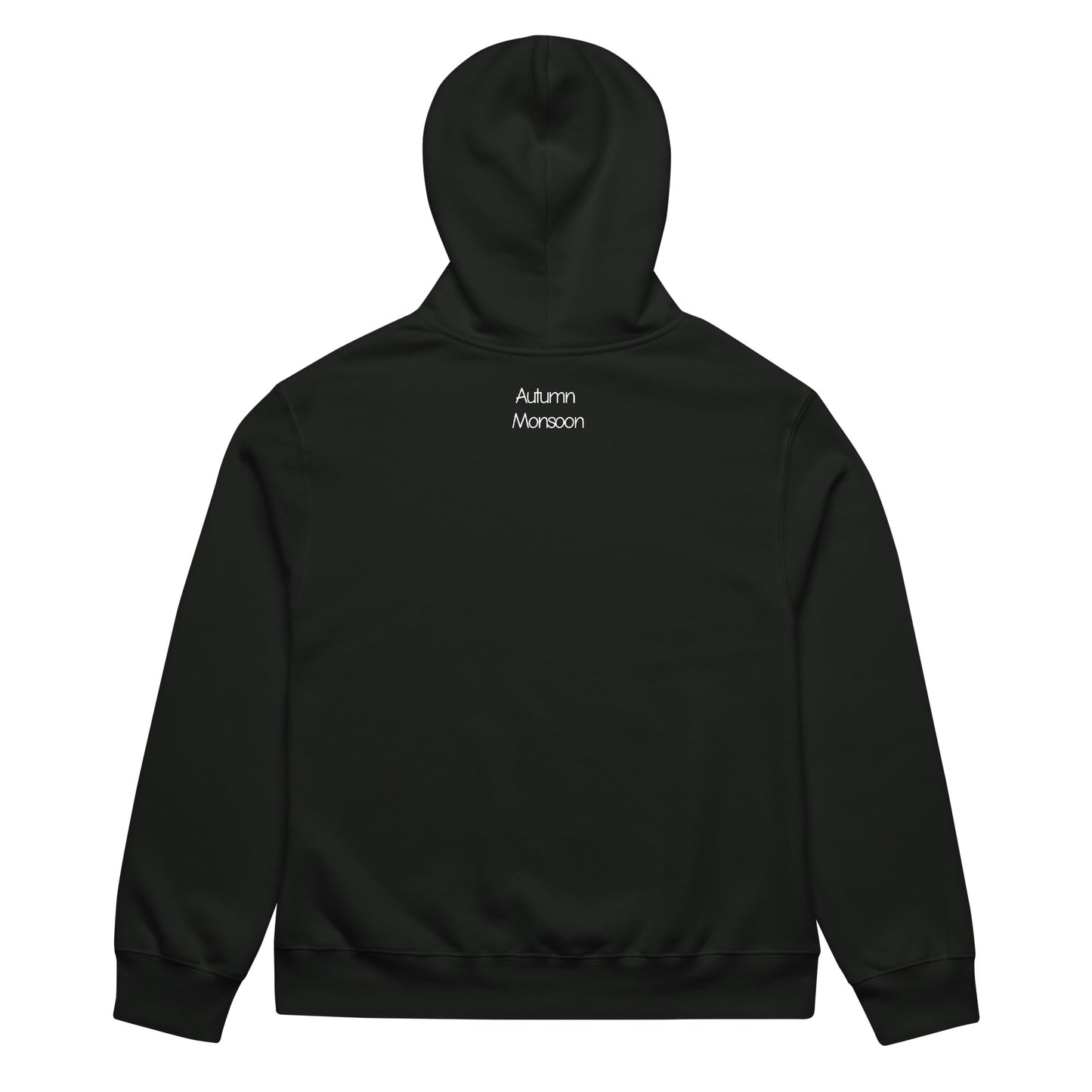Black hoodie with 'Autumn Monsoon' text on the back against a white background