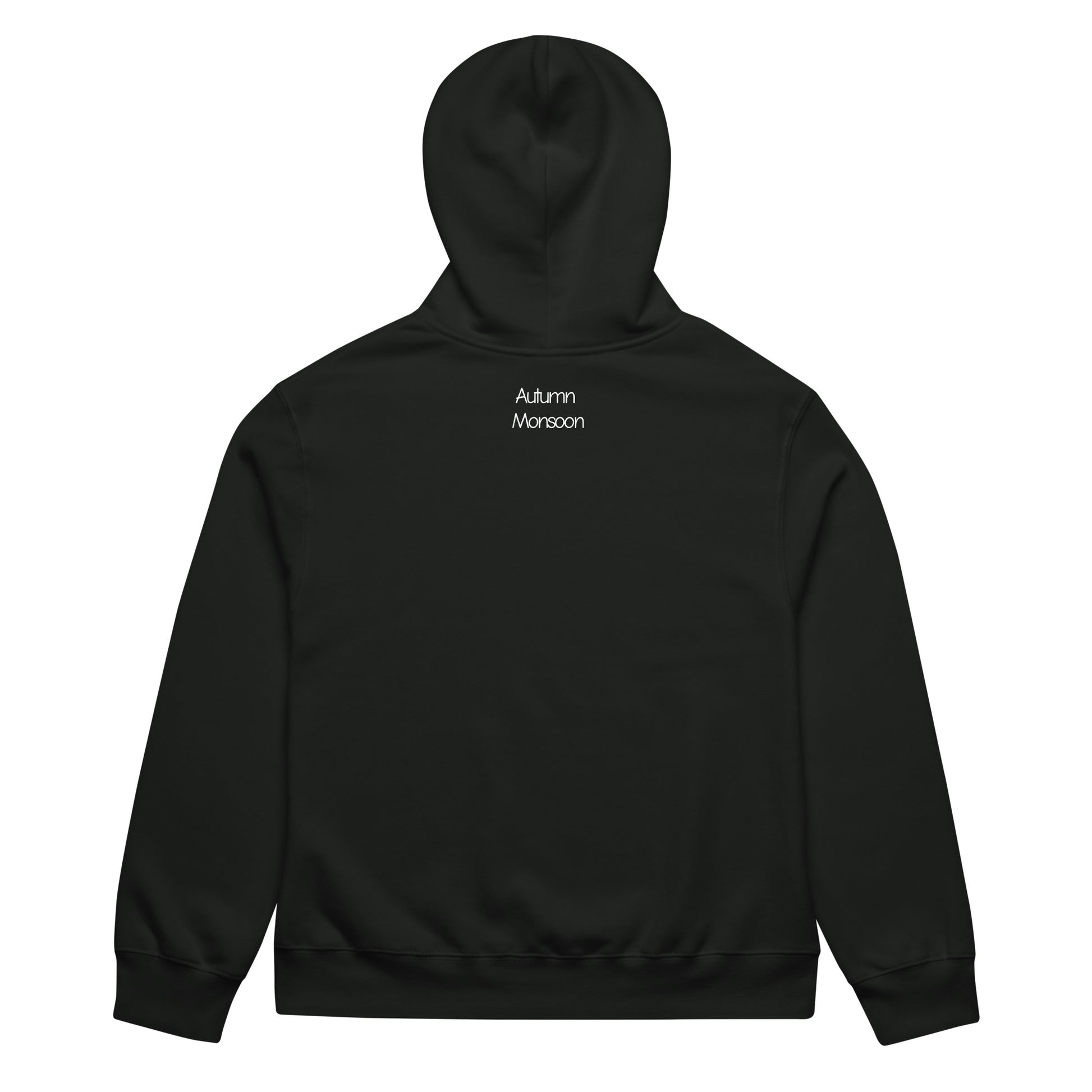 Black hoodie with 'Autumn Monsoon' text on the back against a white background