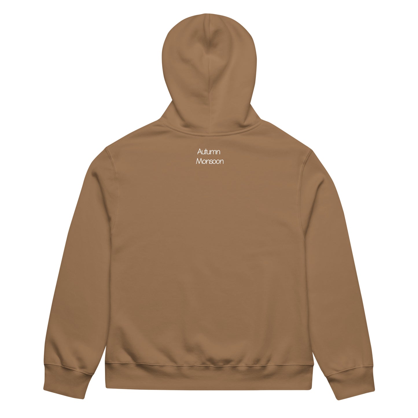 Brown hoodie with 'Autumn Monsoon' text on the back against a white background
