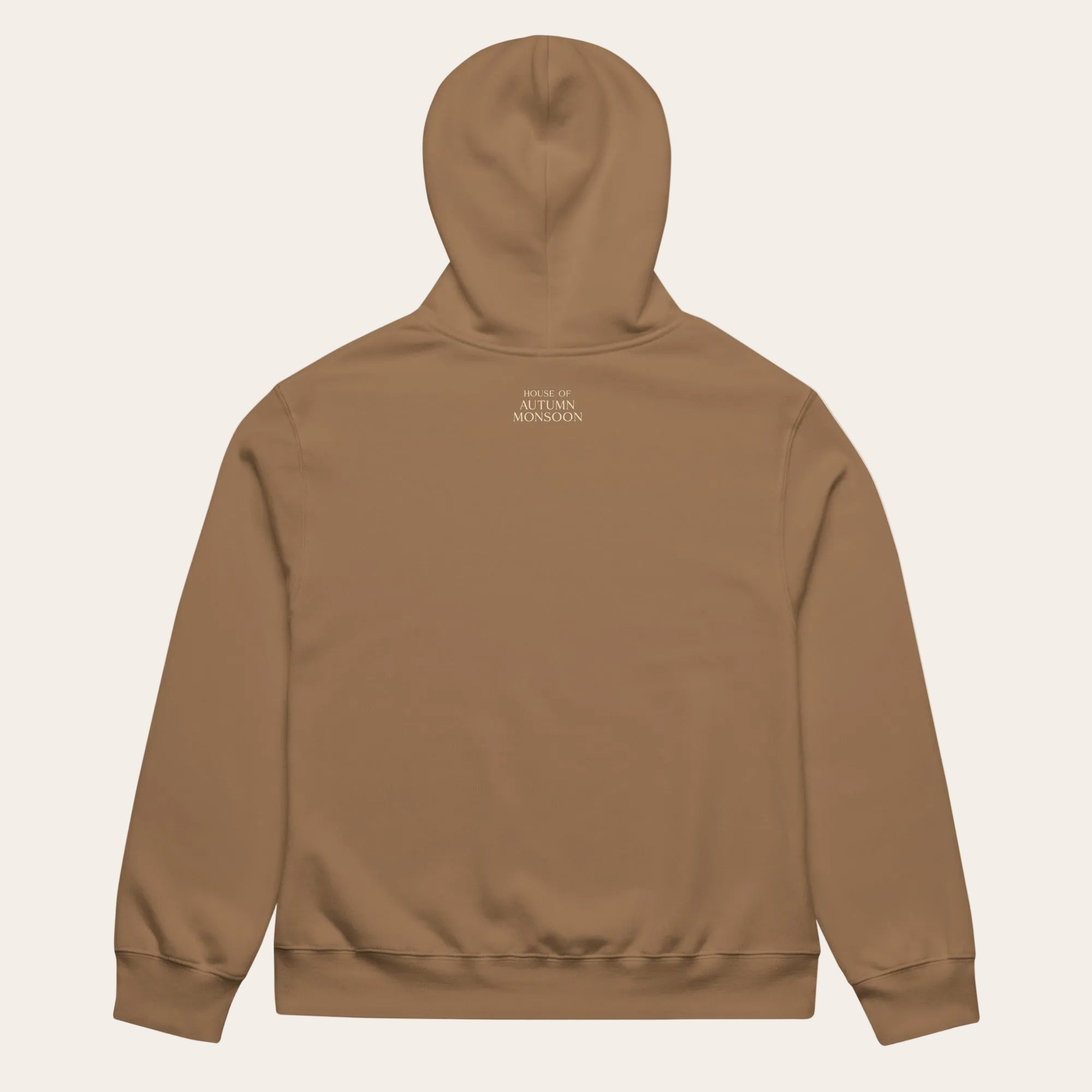 Brown hoodie with text on the back against a white background